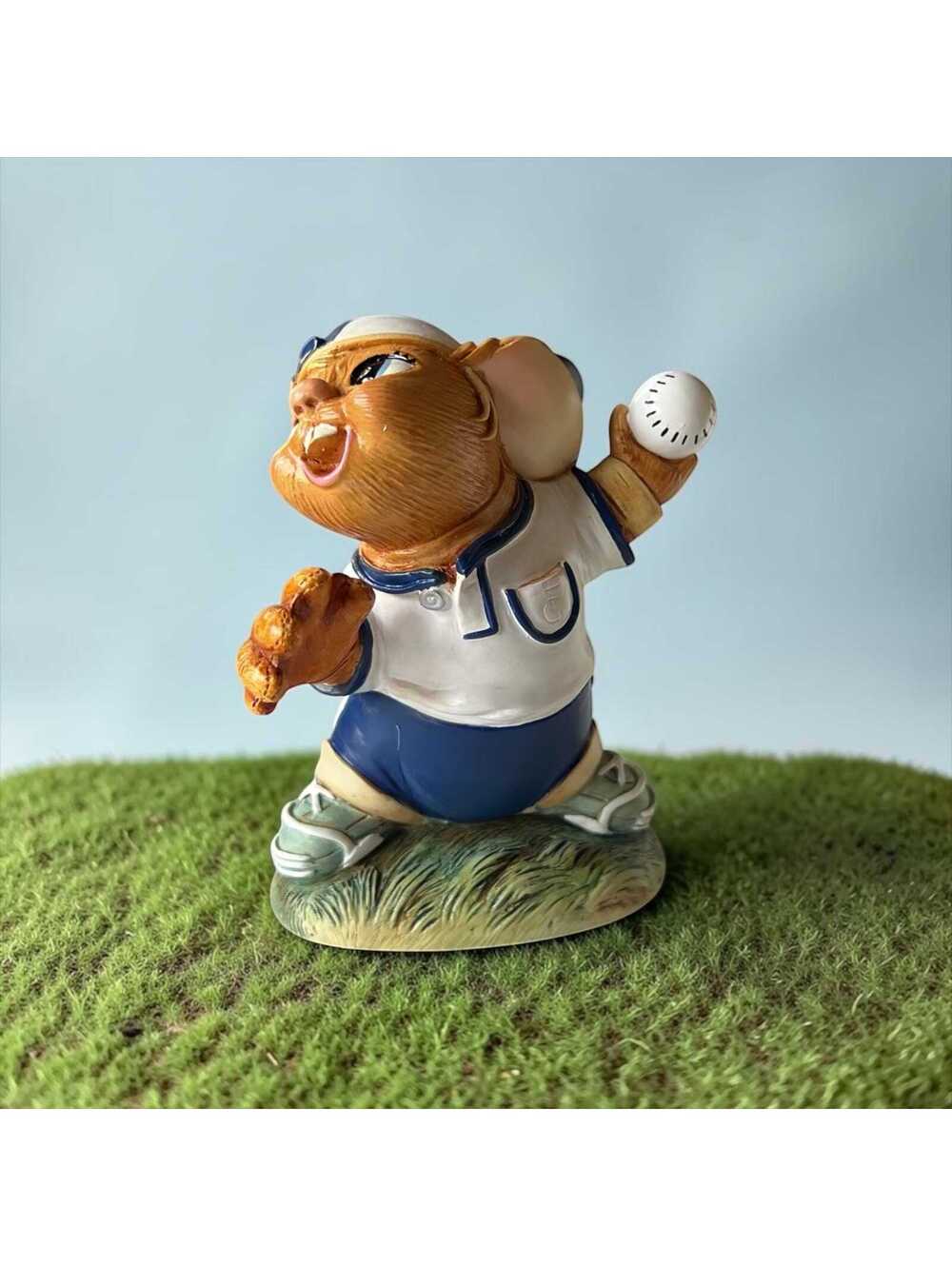 Vintage Pendelfin Pitch Rabbit Figurine | Hand Painted Stoneware Baseball Bunny